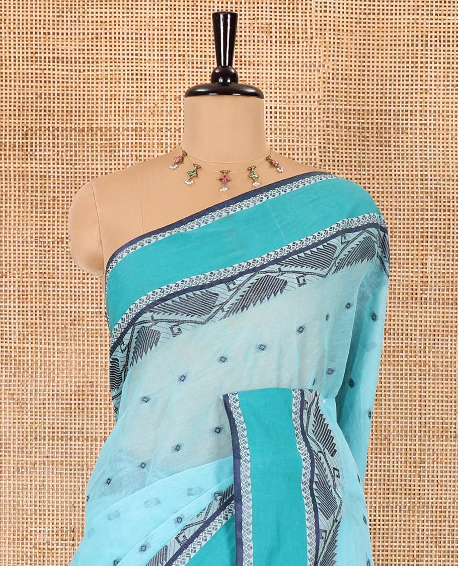 Blue thread buttas Bengal cotton saree, contrast jamdani style floral border, and a striped pallu - Image 3