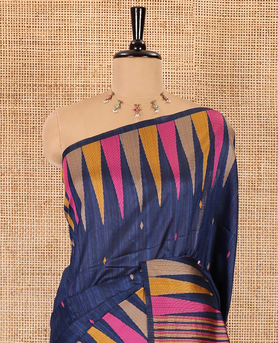 Blue thread buttas woven jute cotton saree, multi-color temple border, striped pallu, and a matching striped blouse - Image 3