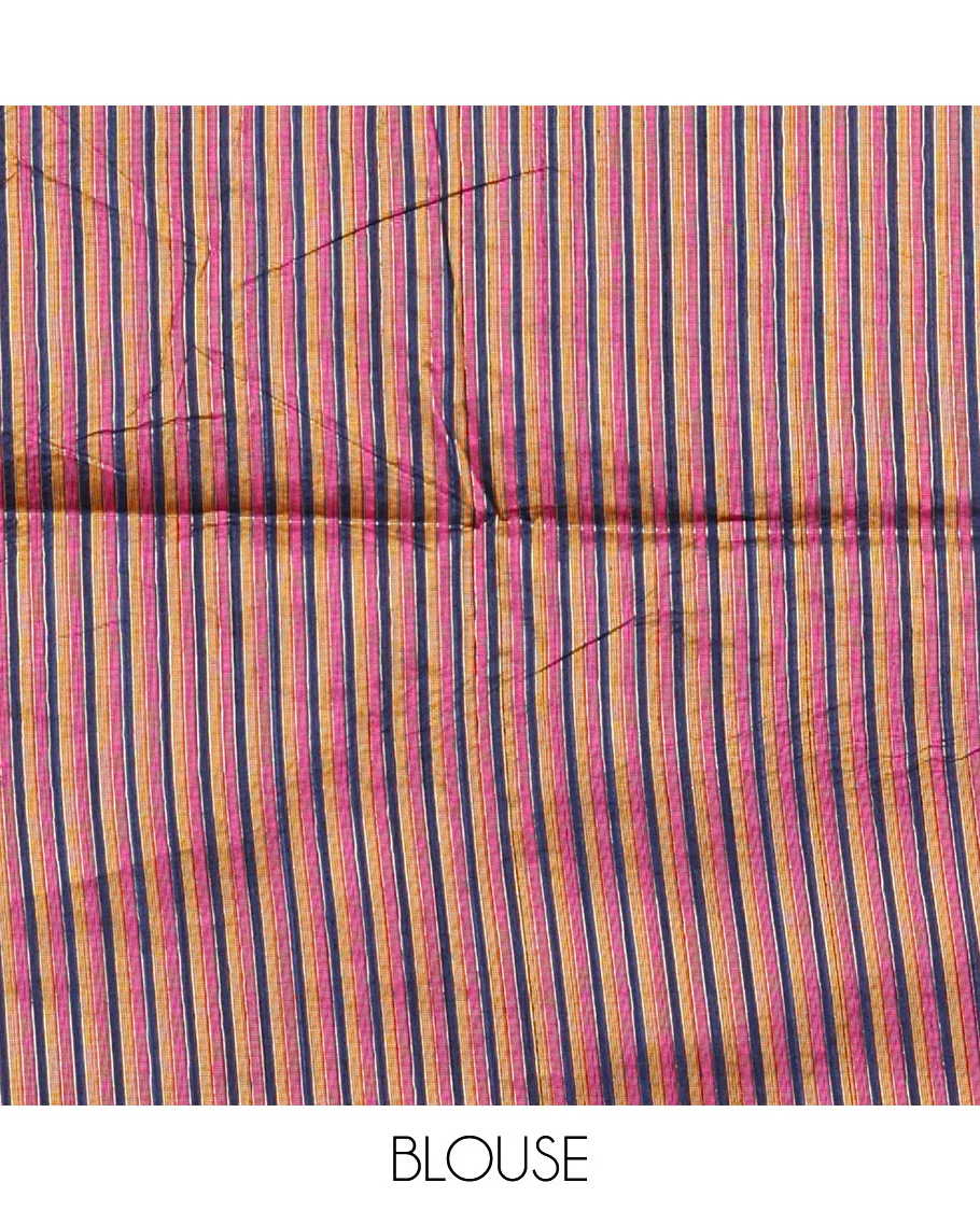 Blue thread buttas woven jute cotton saree, multi-color temple border, striped pallu, and a matching striped blouse - Image 4