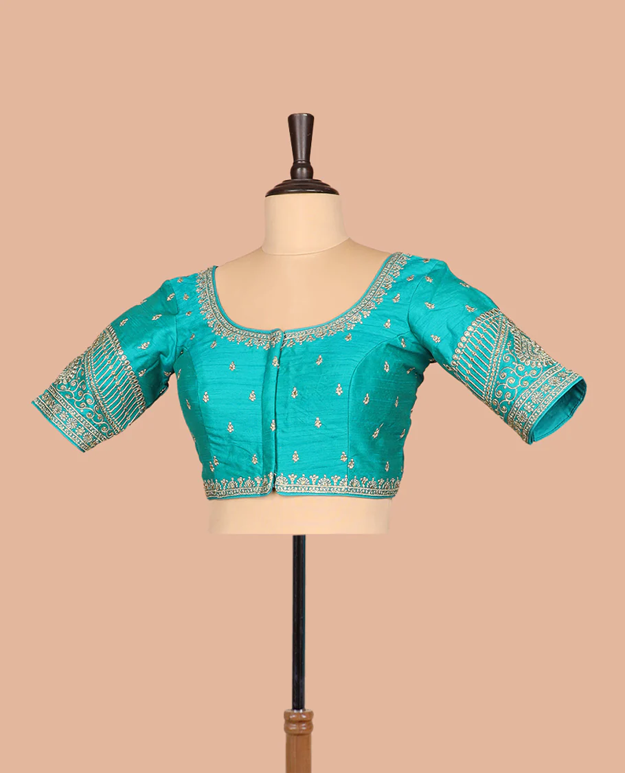 Blue thread embroidered front-and-back round elbow-sleeve readymade blouse