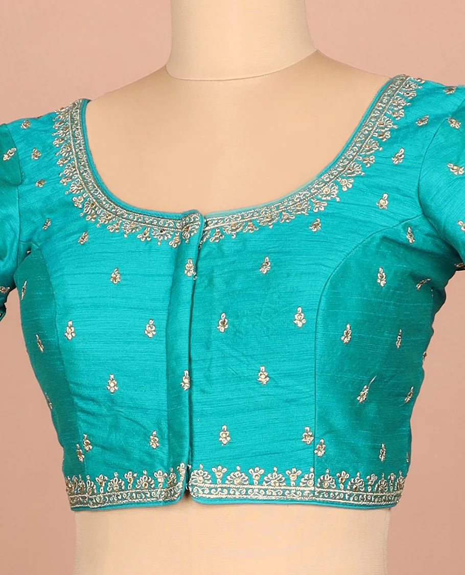 Blue thread embroidered front-and-back round elbow-sleeve readymade blouse - Image 2