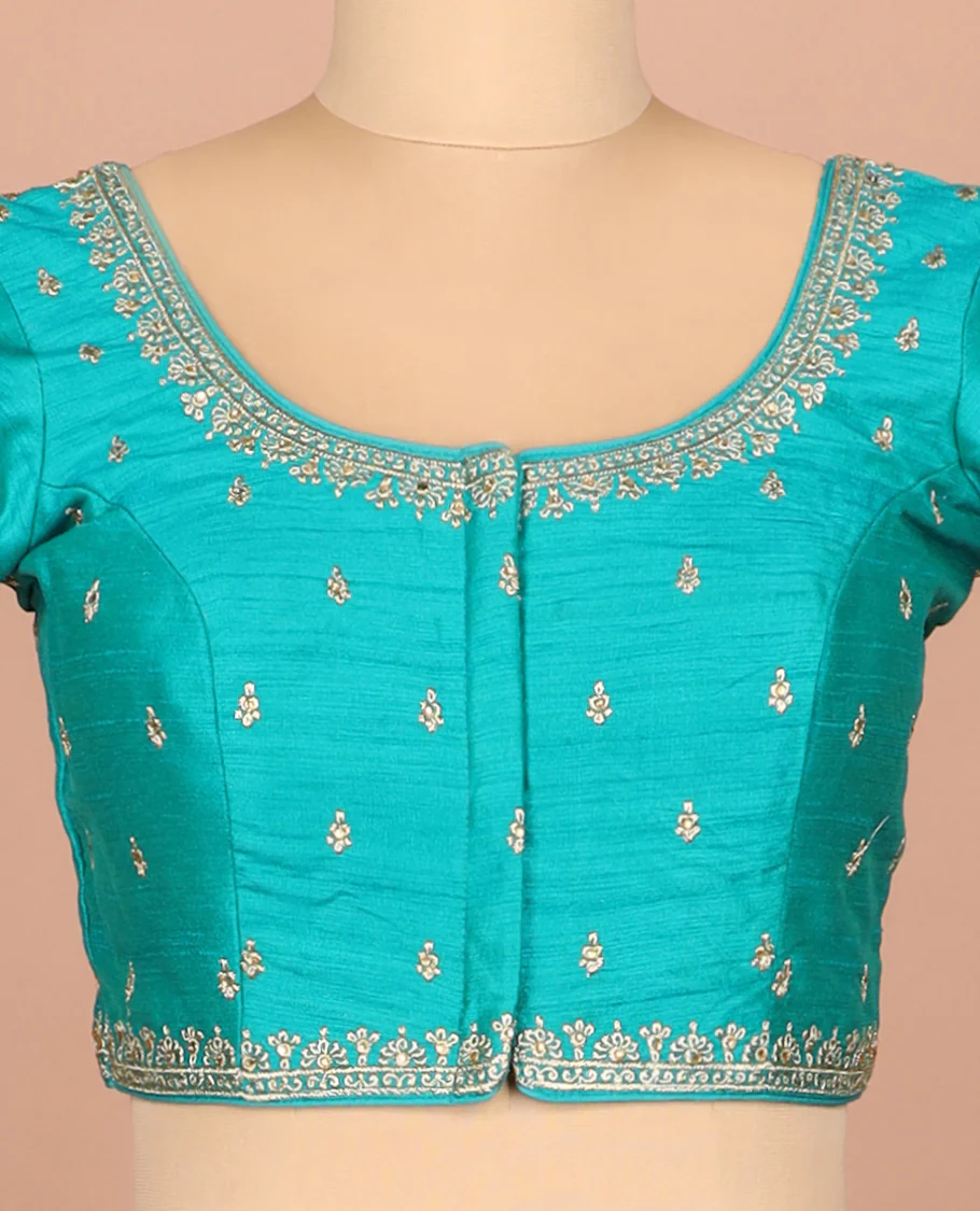 Blue thread embroidered front-and-back round elbow-sleeve readymade blouse - Image 3