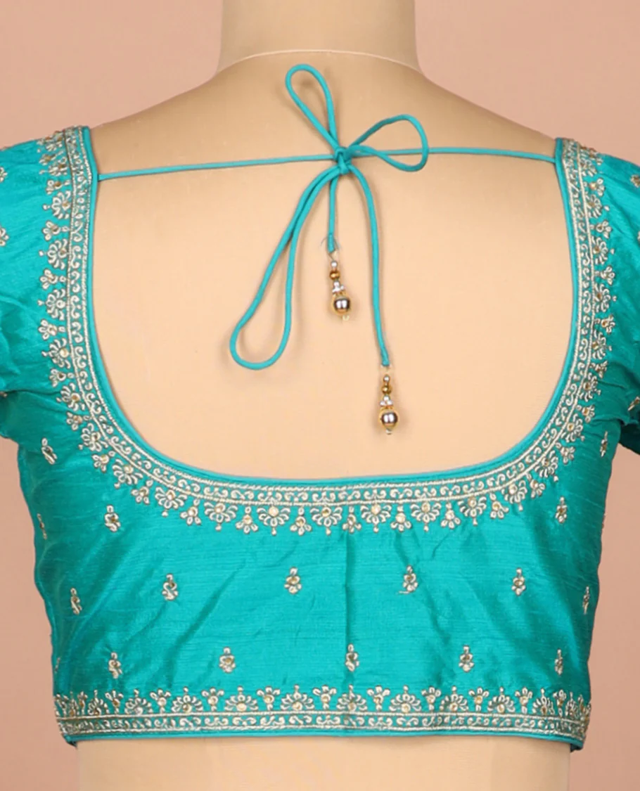 Blue thread embroidered front-and-back round elbow-sleeve readymade blouse - Image 4