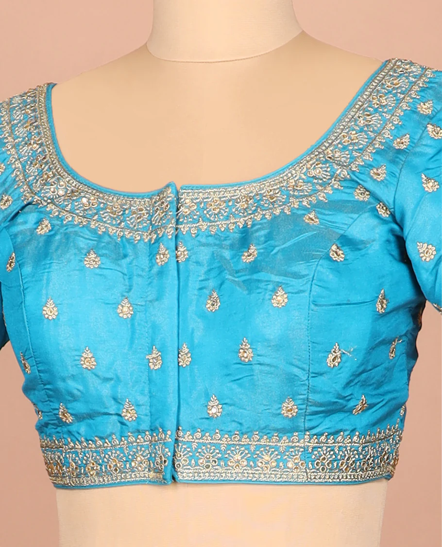 Blue thread embroidered front-and-back round elbow-sleeve readymade blouse - Image 2