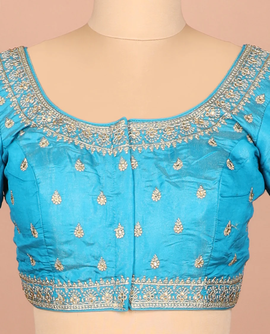 Blue thread embroidered front-and-back round elbow-sleeve readymade blouse - Image 3