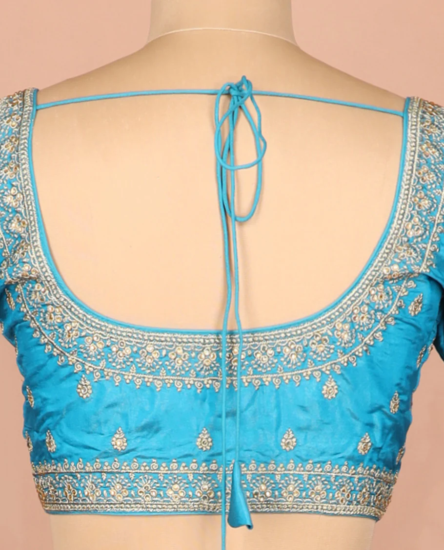 Blue thread embroidered front-and-back round elbow-sleeve readymade blouse - Image 4