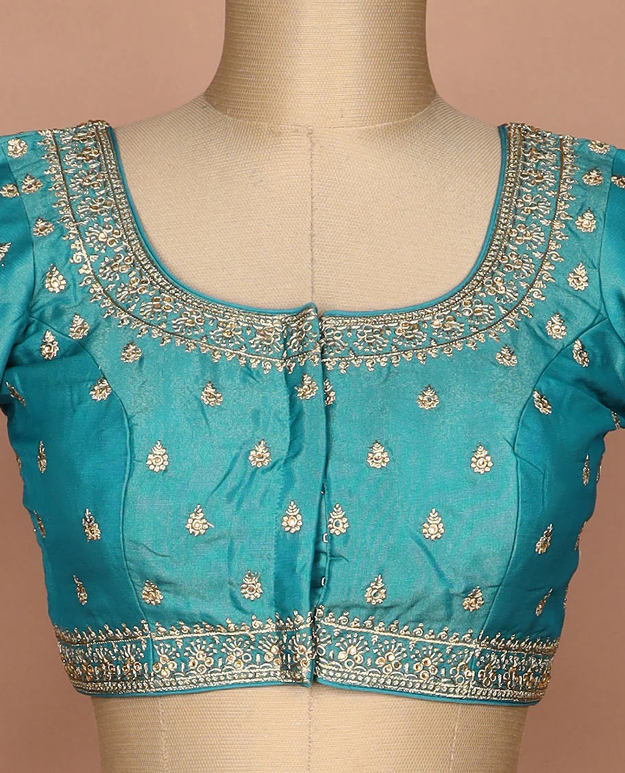 Blue thread embroidered round neck elbow sleeve raw silk readymade blouse - Image 3