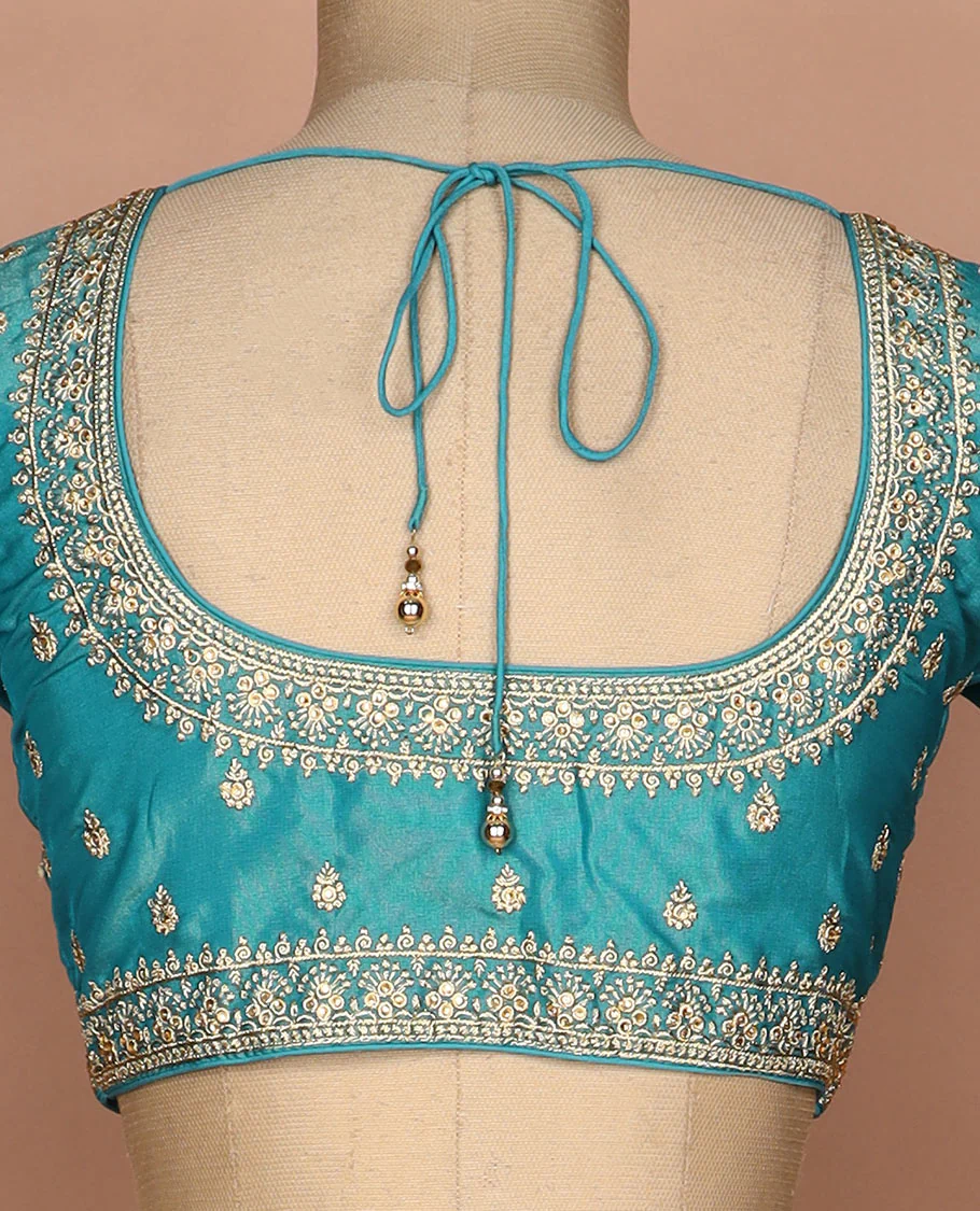 Blue thread embroidered round neck elbow sleeve raw silk readymade blouse - Image 4