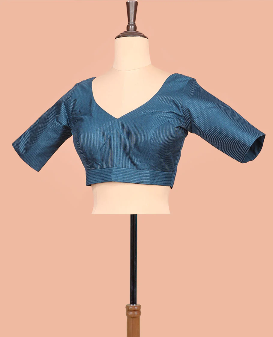 Blue thread work front-back leaf-neck elbow sleeve readymade blouse