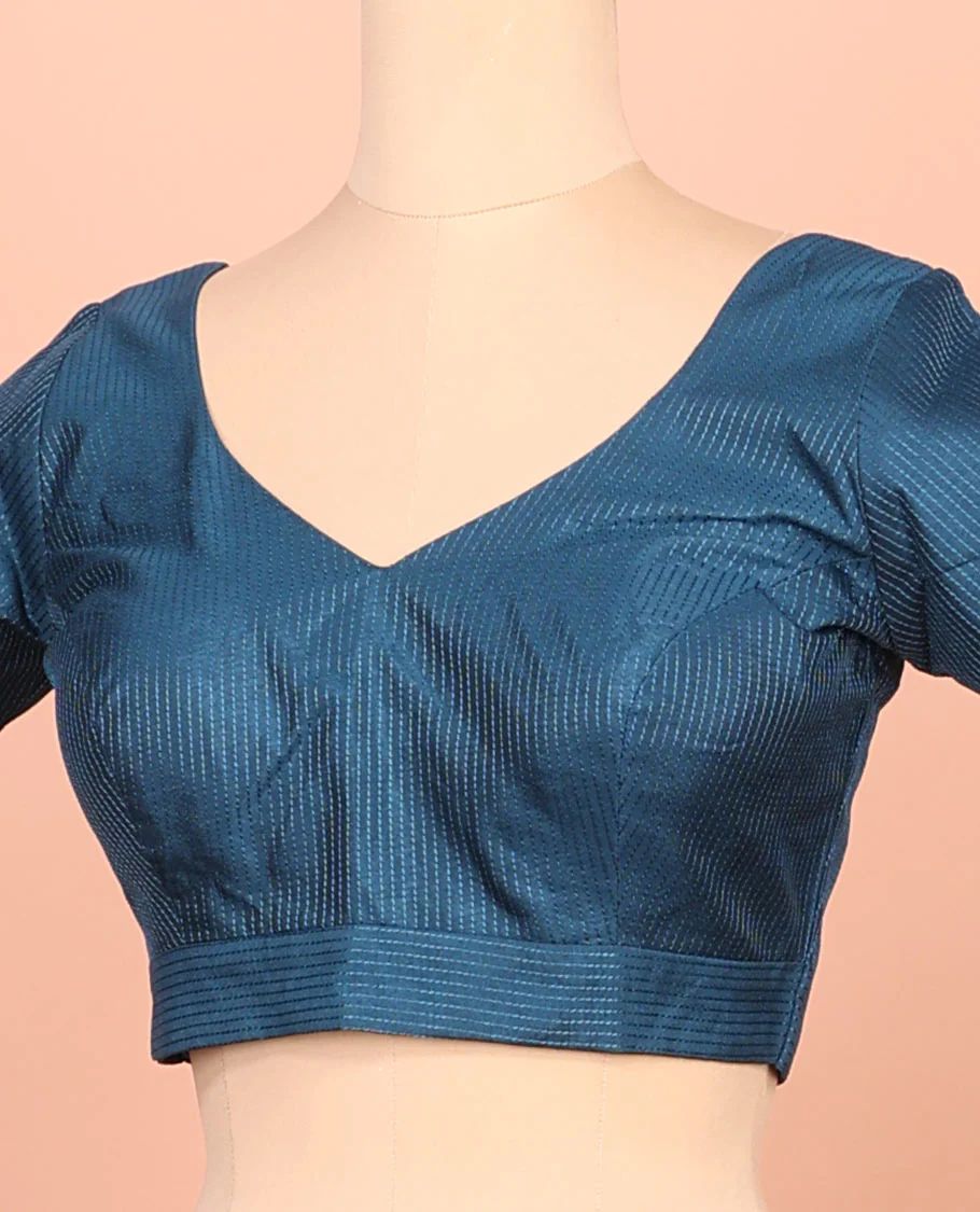 Blue thread work front-back leaf-neck elbow sleeve readymade blouse - Image 2