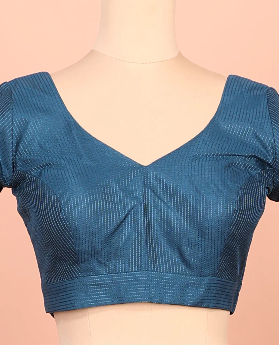 Blue thread work front-back leaf-neck elbow sleeve readymade blouse - Image 3