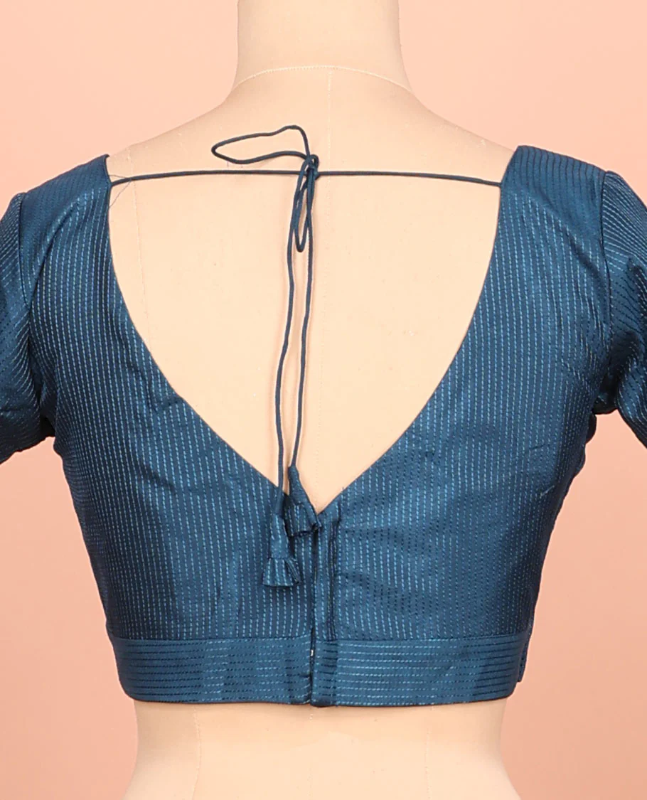 Blue thread work front-back leaf-neck elbow sleeve readymade blouse - Image 4