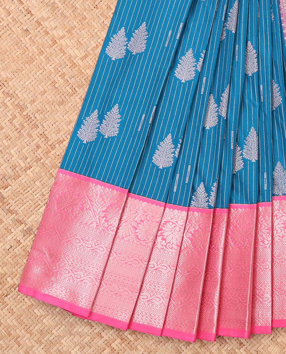 Blue tree buttas and striped budget silk saree, contrast traditional zari design border, and jaal pallu