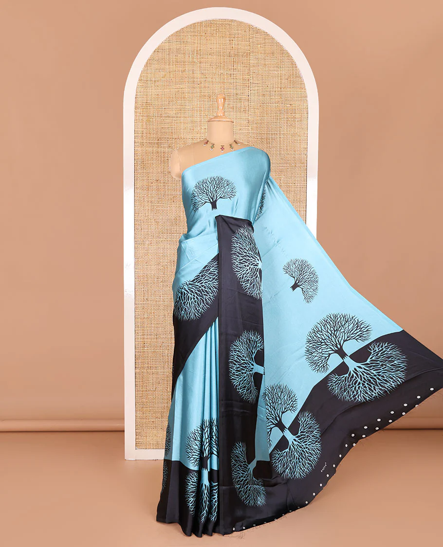 Blue tree motifs digitally printed Gajji silk saree with contrast printed border of upside down tree motifs, and contrast printed blouse