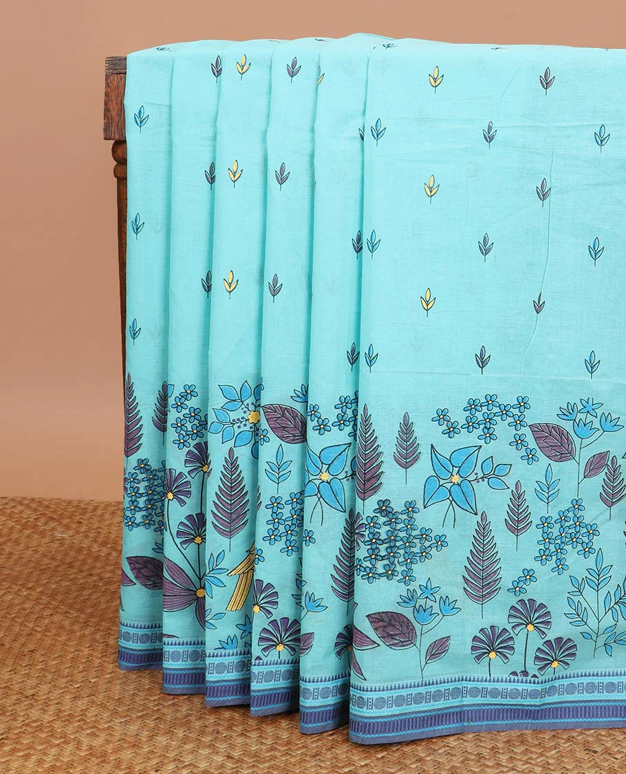 Blue tropical floral and bird printed Chirala cotton saree, contrast border, an pallu of stripes and buttas