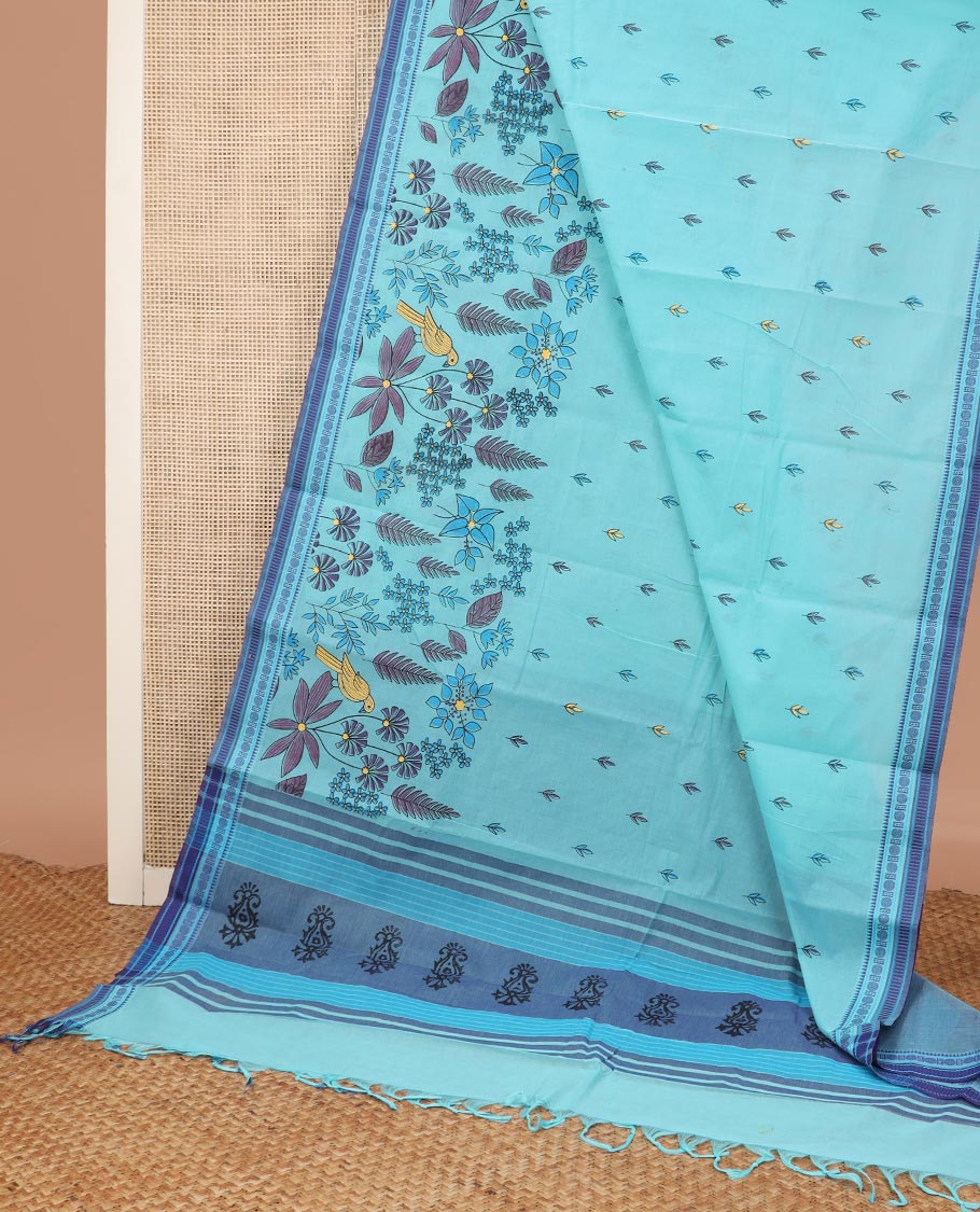 Blue tropical floral and bird printed Chirala cotton saree, contrast border, an pallu of stripes and buttas - Image 2