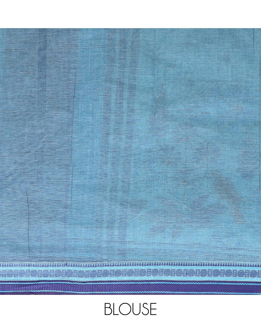 Blue tropical floral and bird printed Chirala cotton saree, contrast border, an pallu of stripes and buttas - Image 3