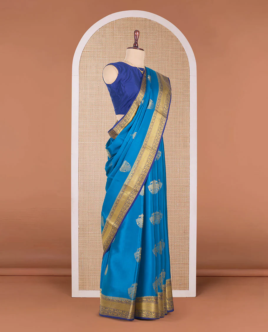 Blue two-headed eagle motifs zari woven Mysore silk saree, contrast traditional zari border, and zari design pallu