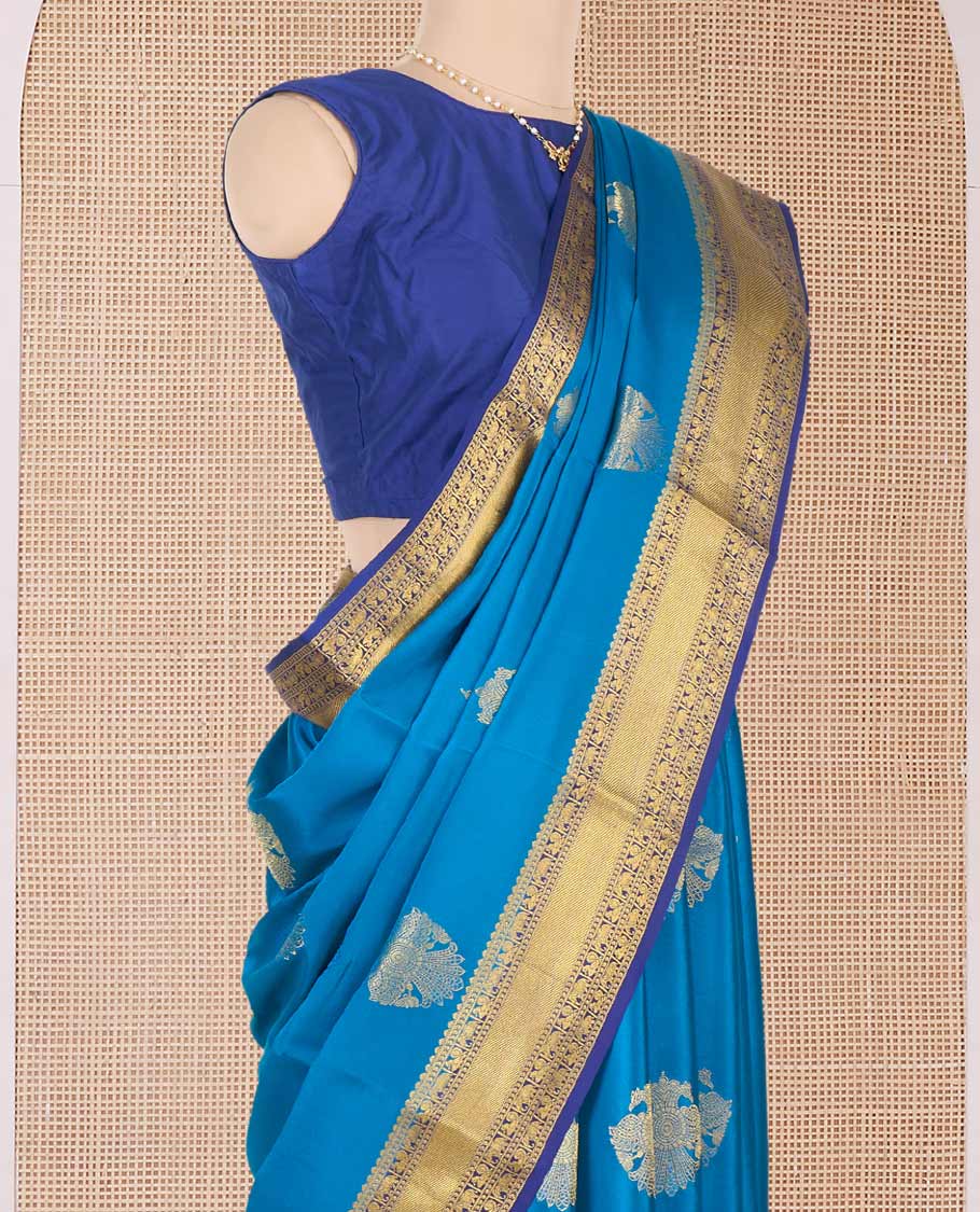 Blue two-headed eagle motifs zari woven Mysore silk saree, contrast traditional zari border, and zari design pallu - Image 3