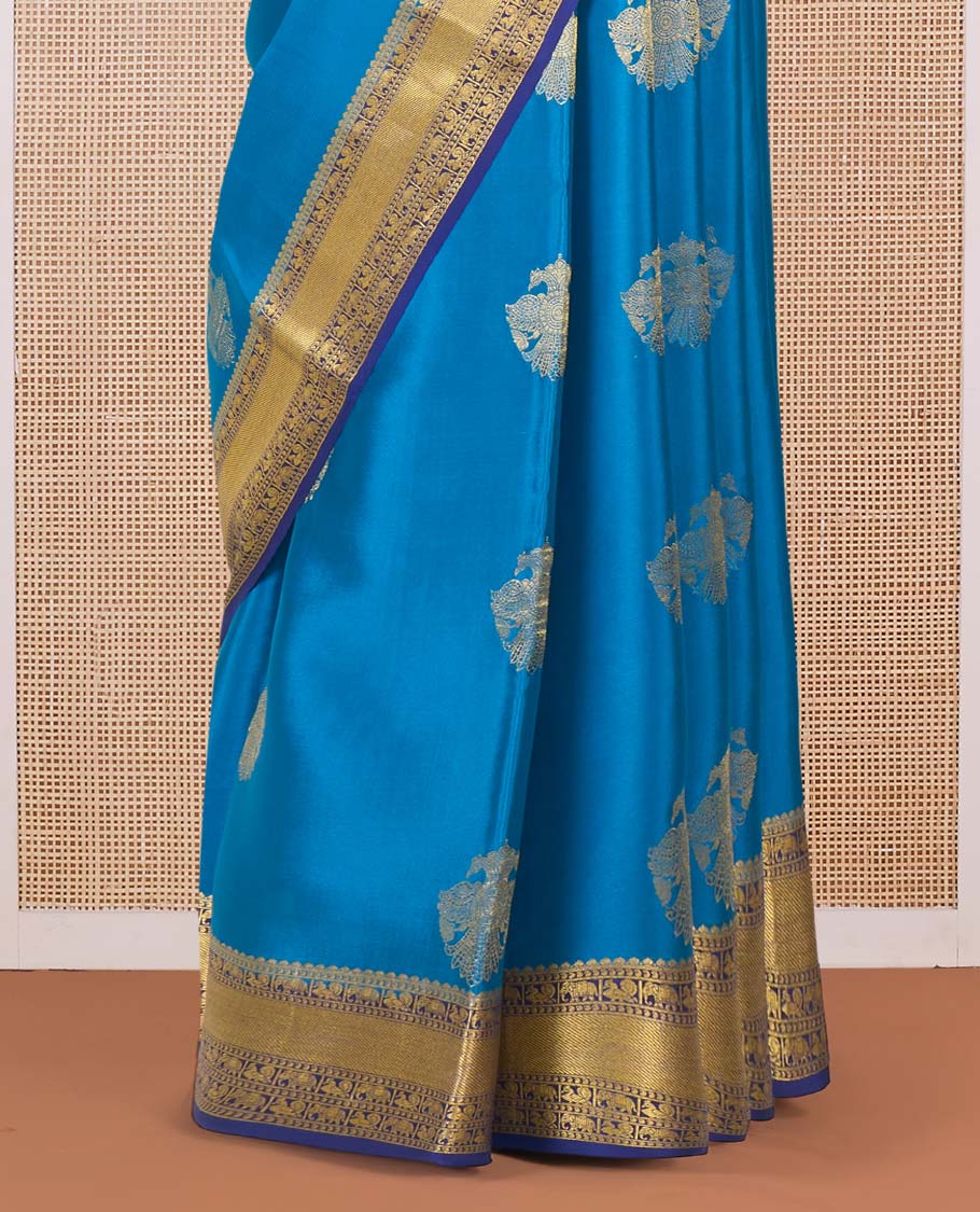 Blue two-headed eagle motifs zari woven Mysore silk saree, contrast traditional zari border, and zari design pallu - Image 4