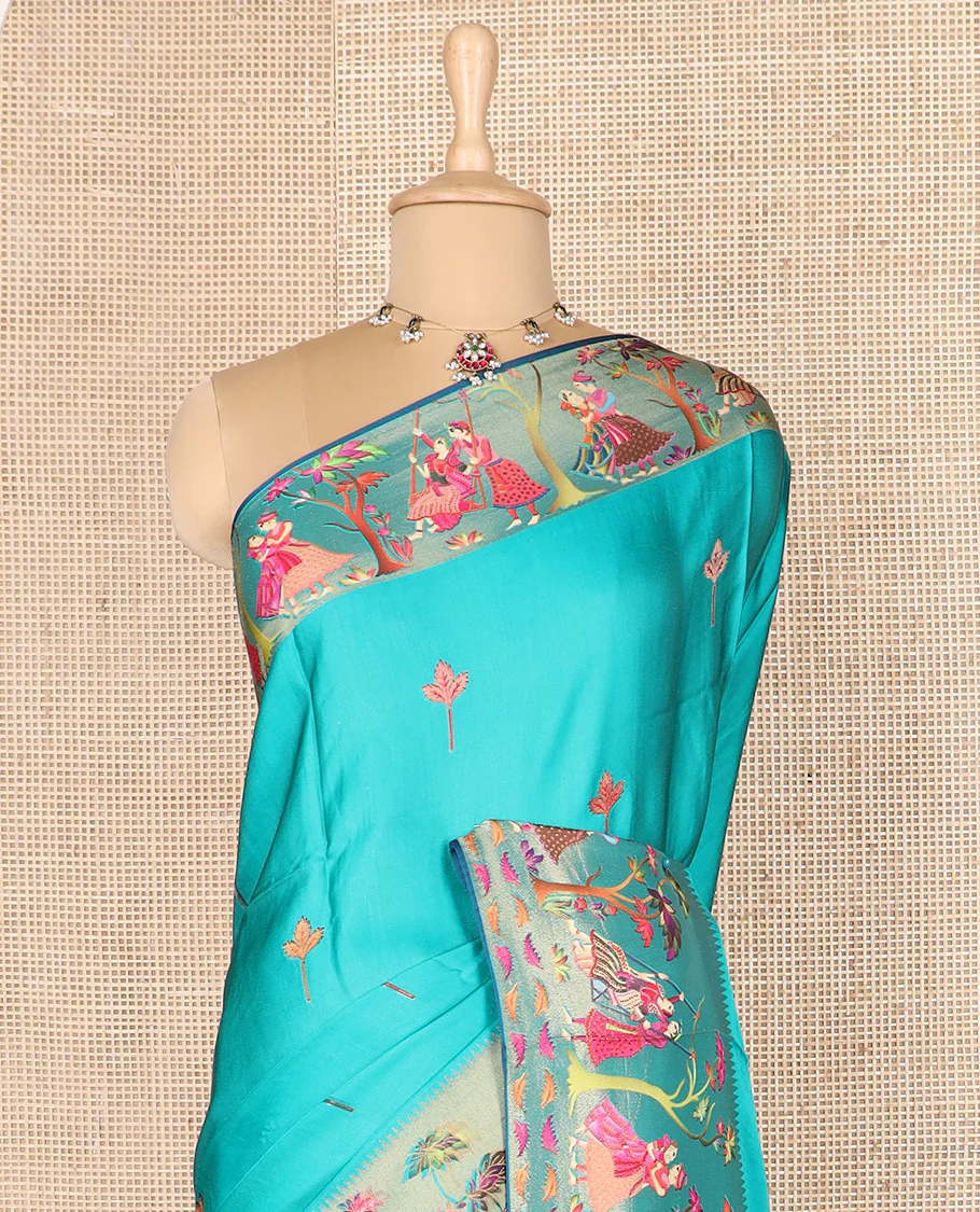 Blue unique motifs printed dola silk saree, gleaming zari border, and pallu of Mughal-style man and women motifs - Image 3