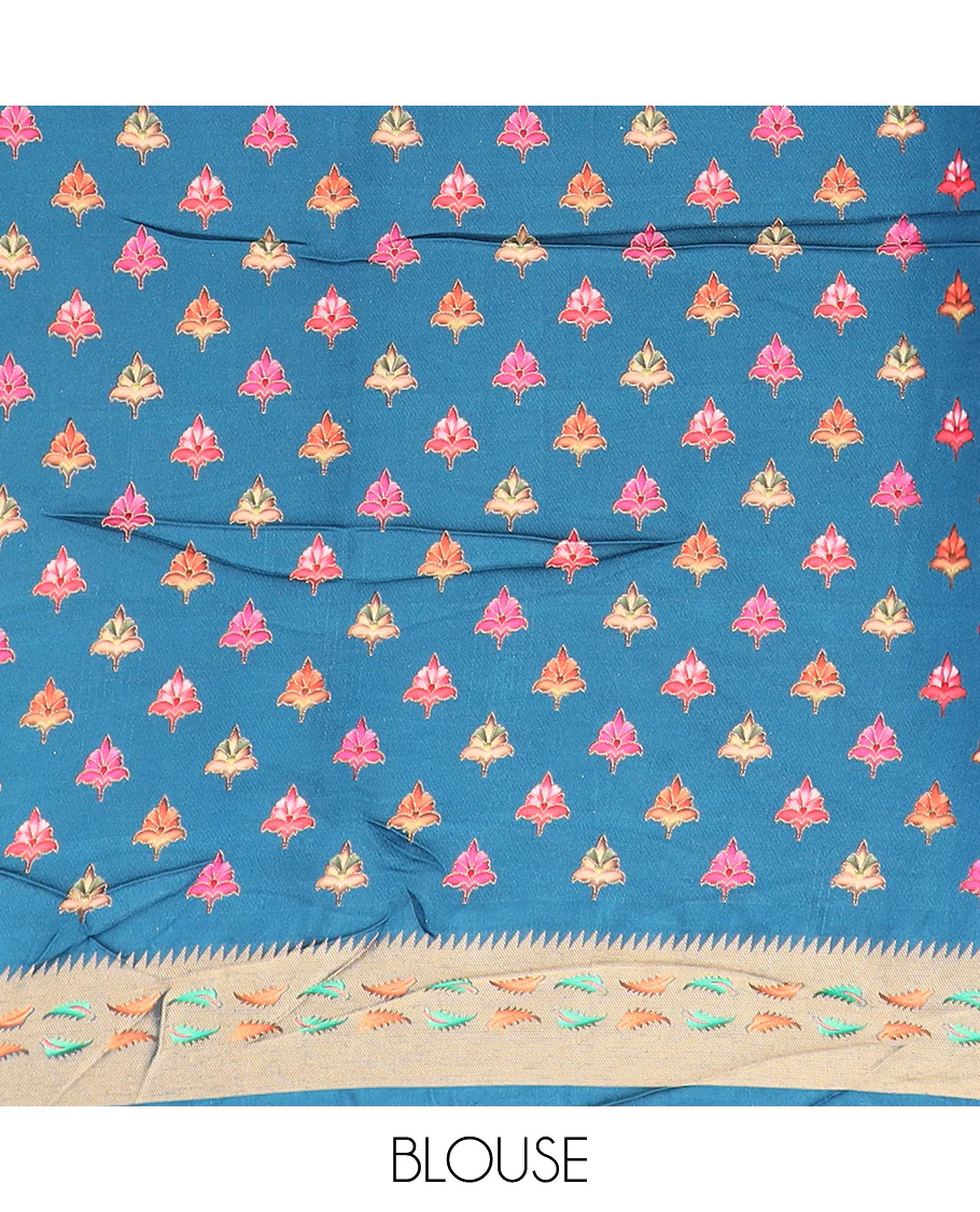 Blue unique motifs printed dola silk saree, gleaming zari border, and pallu of Mughal-style man and women motifs - Image 5