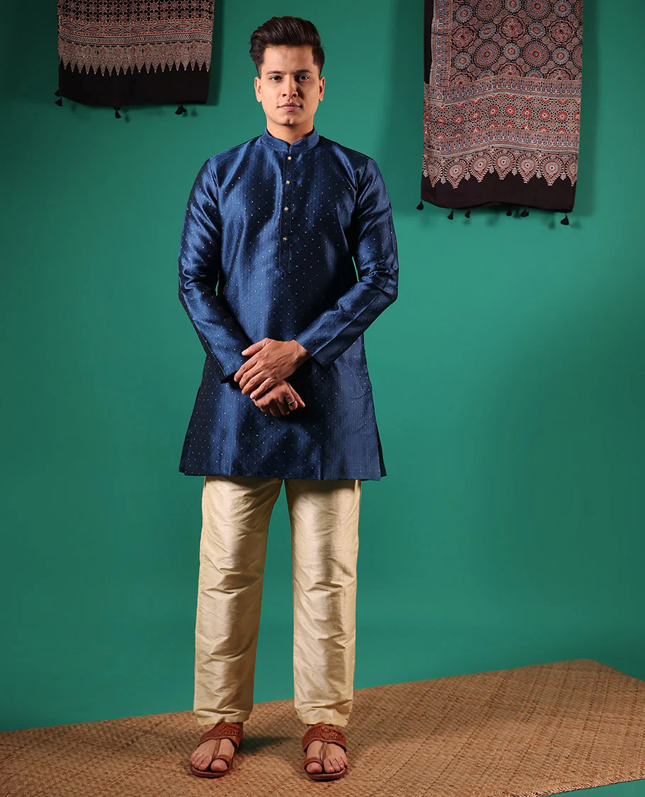 Blue unique patterns embossed with glitter dotted full-sleeved men's kurta - Image 2