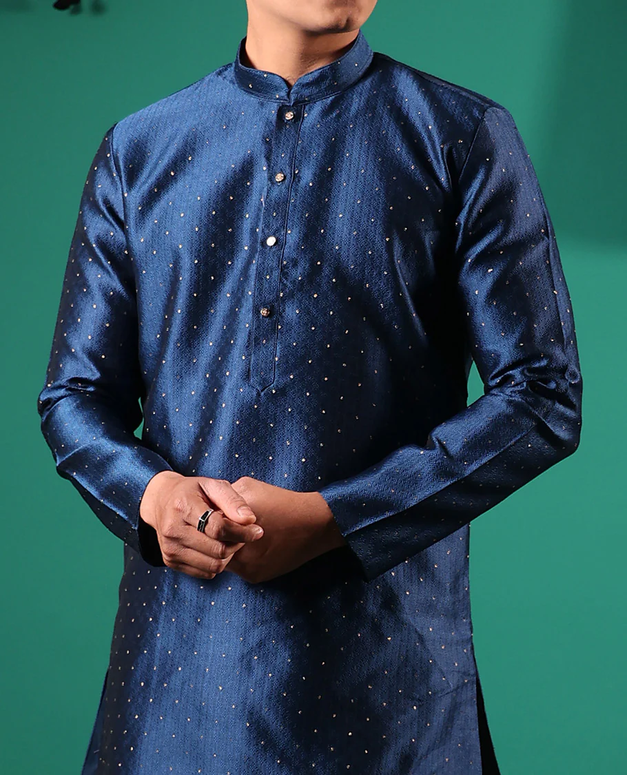 Blue unique patterns embossed with glitter dotted full-sleeved men's kurta - Image 4