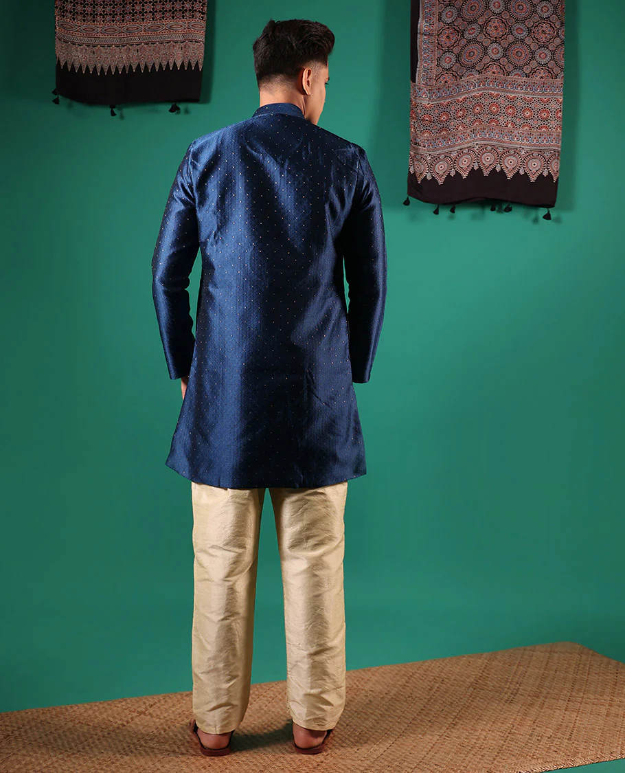 Blue unique patterns embossed with glitter dotted full-sleeved men's kurta - Image 5