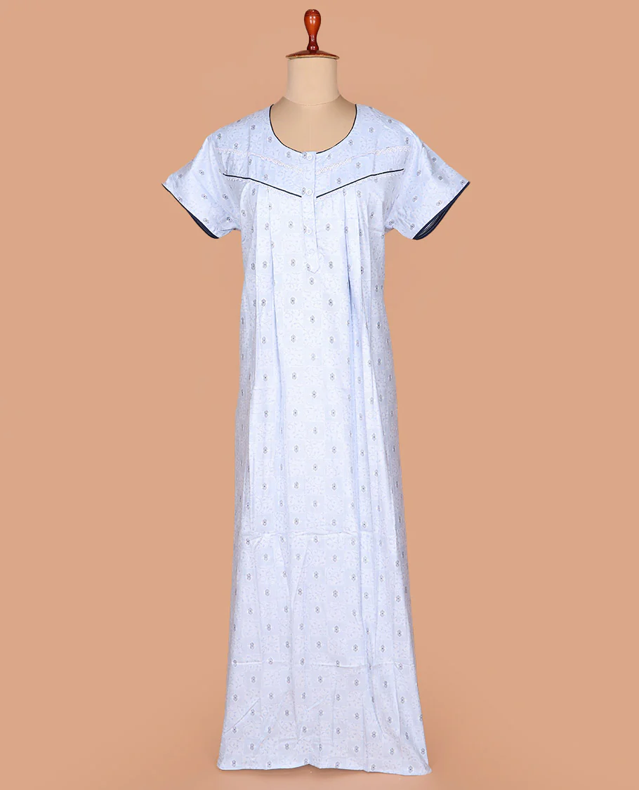Blue uniquely printed lace work round necked half-sleeve cotton nighty - Image 2