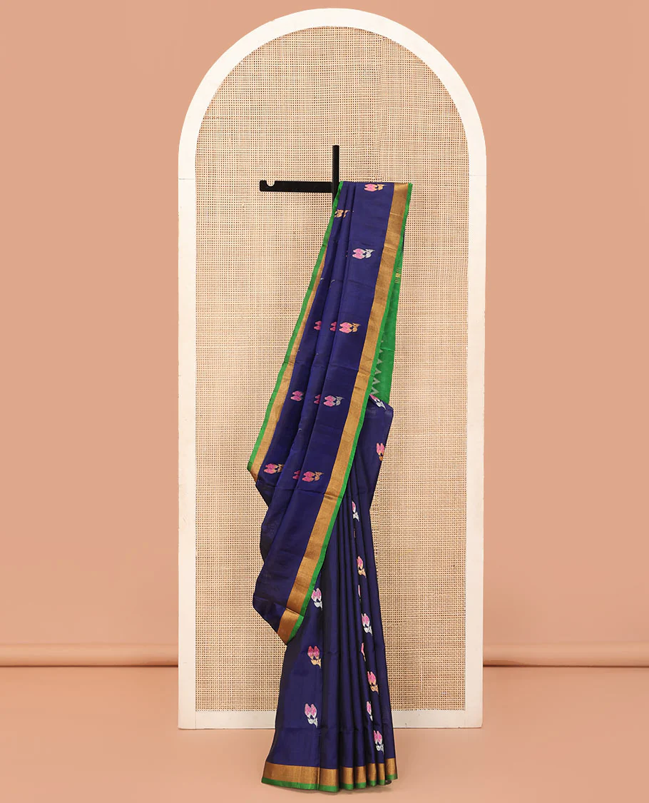 Blue Uppada Silk Saree Adorned with Meena Floral Buttas, Complemented by a Contrast Bavanji Border, Pallu Steeped with Chevron Stripes, and Paired with a Contrast Blouse