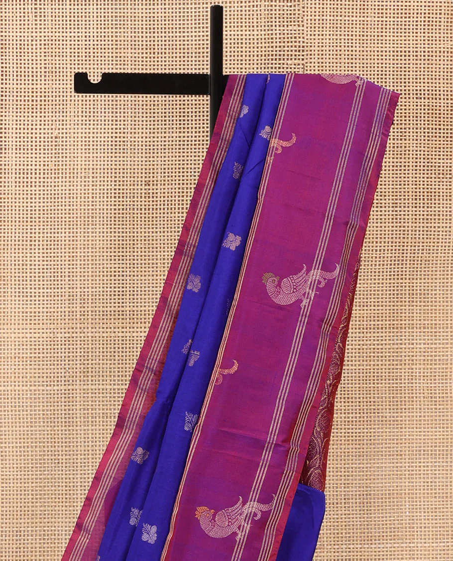 Blue Uppada Silk Saree Enlivened With Zari Buttas, Captivating Contrast Border Featuring Zari Stripes And Peacock Motifs, Pallu Depicting Rose Flower-Enclosed Mughal-Style Arches, And Paired With A Contrast Blouse - Image 3