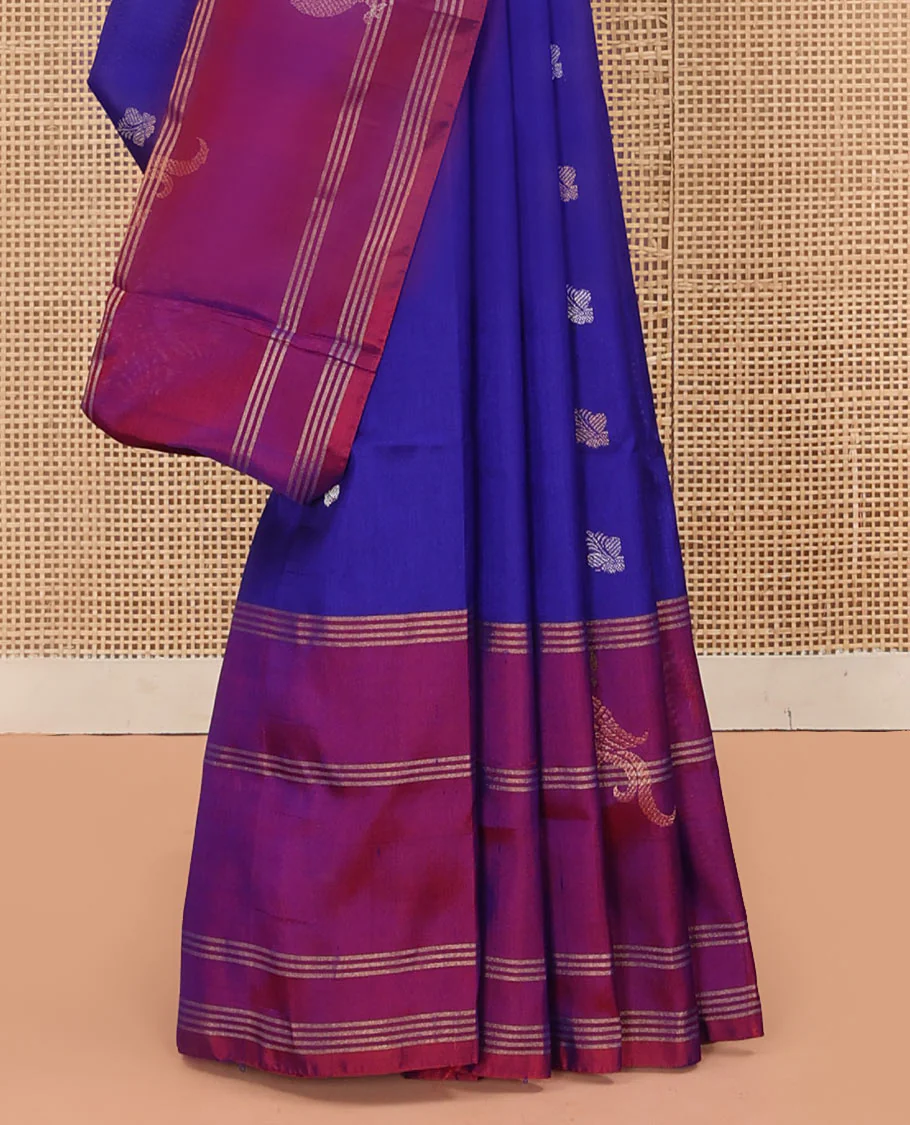 Blue Uppada Silk Saree Enlivened With Zari Buttas, Captivating Contrast Border Featuring Zari Stripes And Peacock Motifs, Pallu Depicting Rose Flower-Enclosed Mughal-Style Arches, And Paired With A Contrast Blouse - Image 4