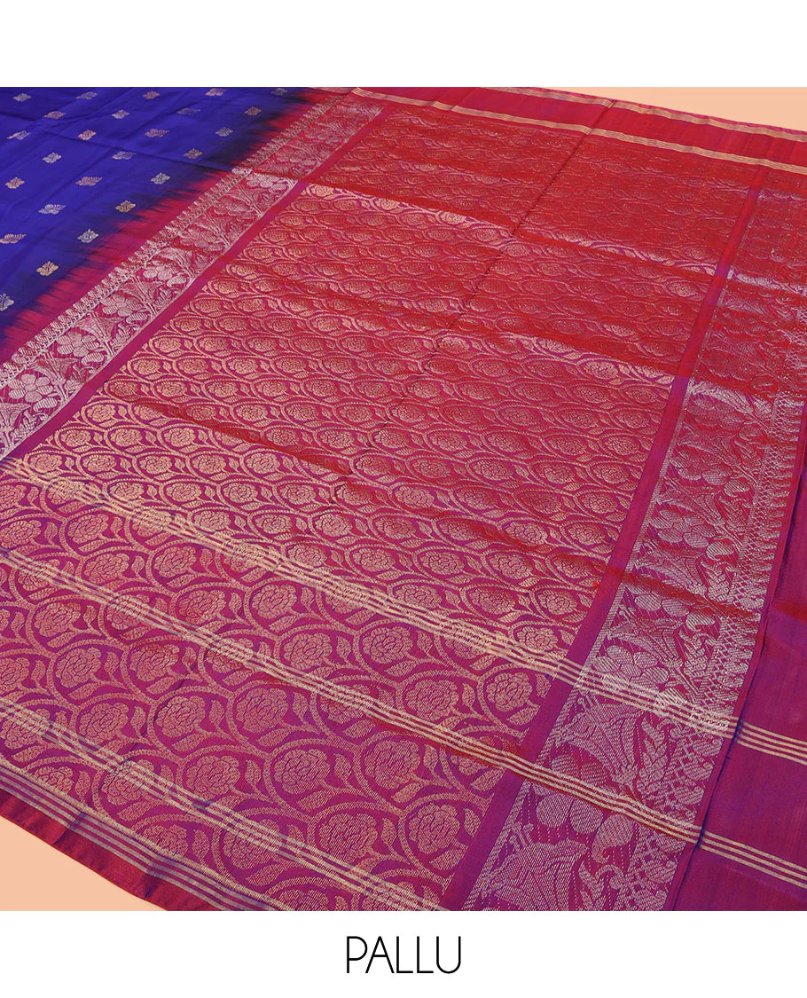 Blue Uppada Silk Saree Enlivened With Zari Buttas, Captivating Contrast Border Featuring Zari Stripes And Peacock Motifs, Pallu Depicting Rose Flower-Enclosed Mughal-Style Arches, And Paired With A Contrast Blouse - Image 5