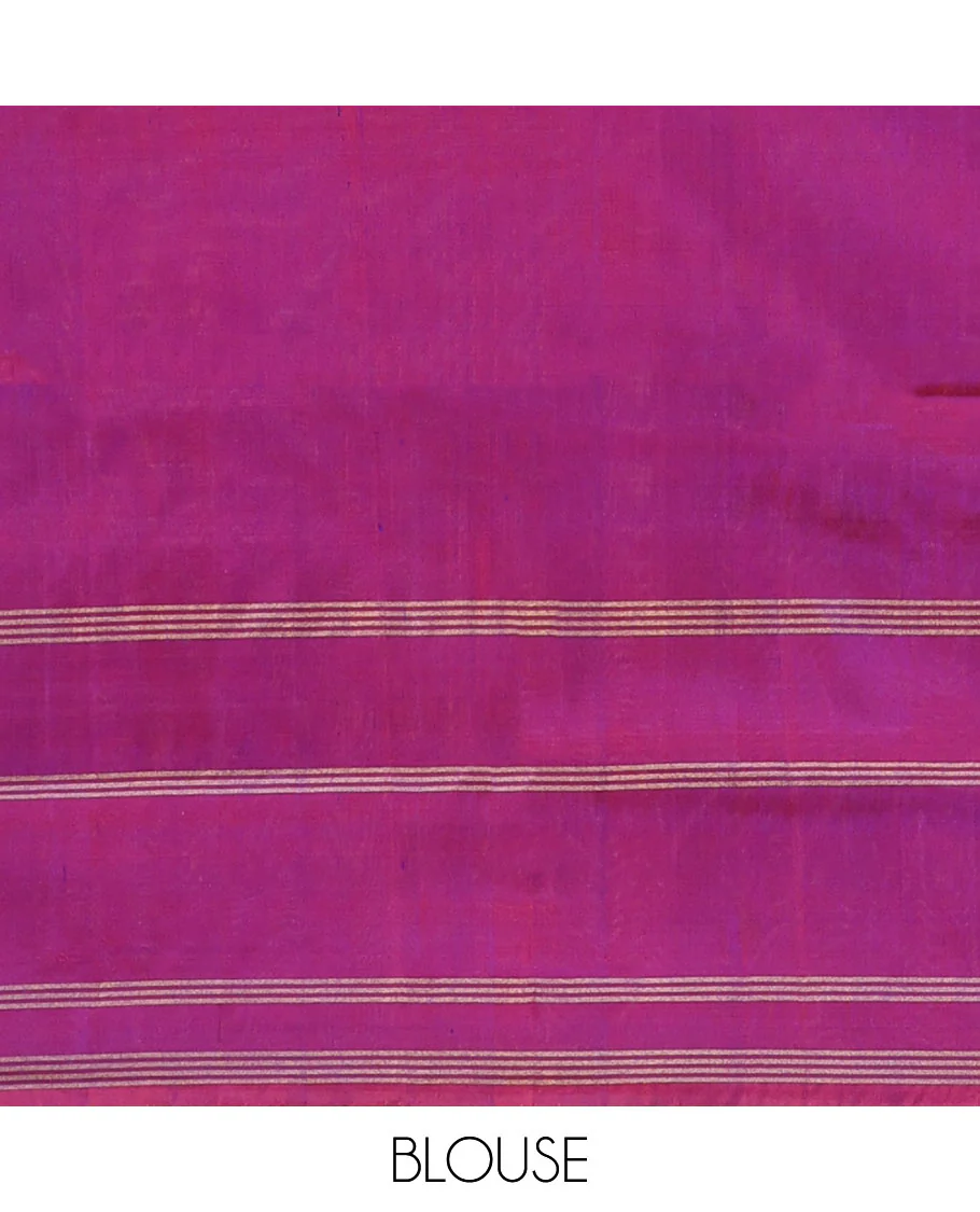 Blue Uppada Silk Saree Enlivened With Zari Buttas, Captivating Contrast Border Featuring Zari Stripes And Peacock Motifs, Pallu Depicting Rose Flower-Enclosed Mughal-Style Arches, And Paired With A Contrast Blouse - Image 6