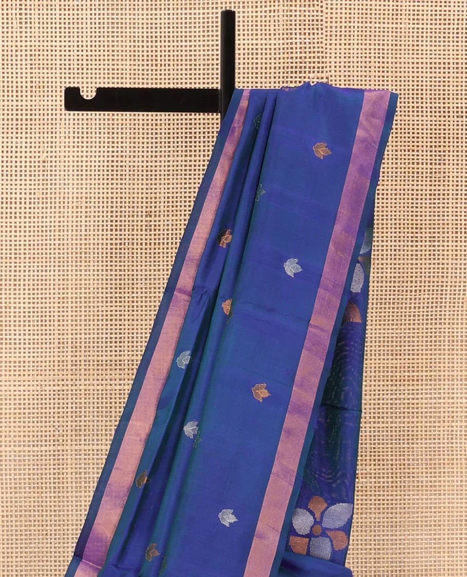 Blue Uppada Silk Saree Featuring Floral Buttas, Subtle Zari Bavanji Border, Pallu Decked Up with Jamdani-Style Floral Motifs, and Paired with a Matching Blouse - Image 3