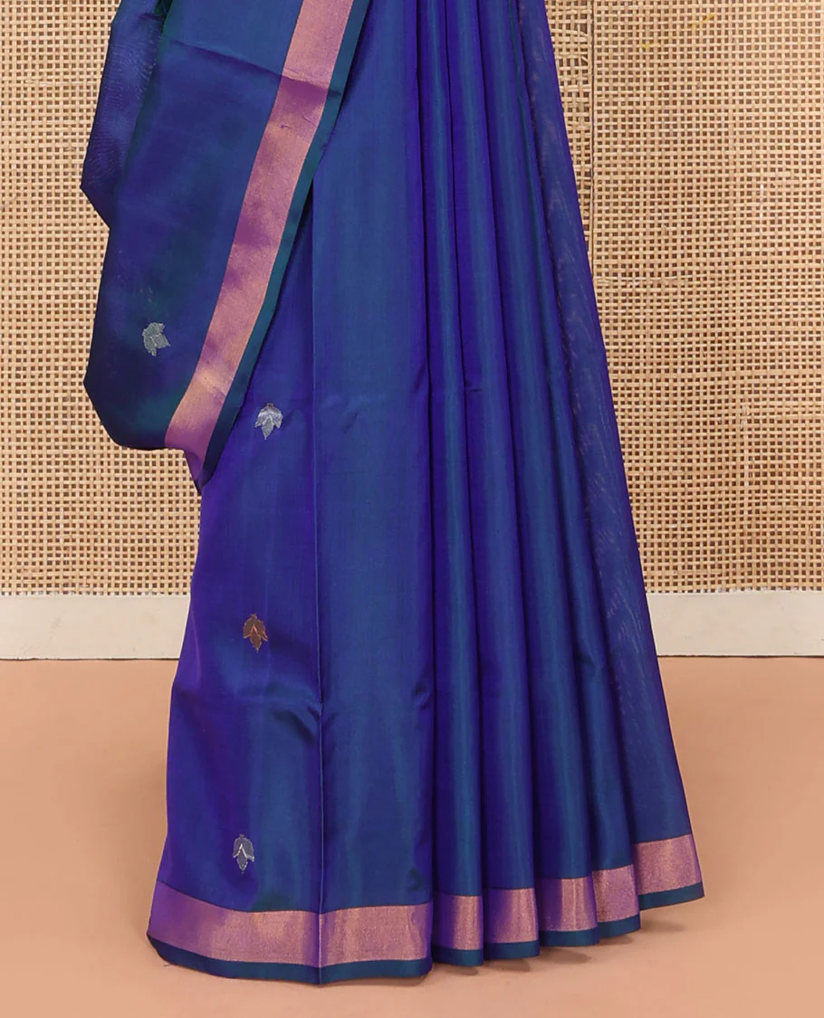 Blue Uppada Silk Saree Featuring Floral Buttas, Subtle Zari Bavanji Border, Pallu Decked Up with Jamdani-Style Floral Motifs, and Paired with a Matching Blouse - Image 4