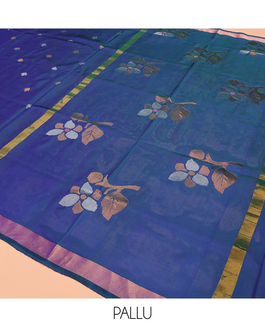 Blue Uppada Silk Saree Featuring Floral Buttas, Subtle Zari Bavanji Border, Pallu Decked Up with Jamdani-Style Floral Motifs, and Paired with a Matching Blouse - Image 5