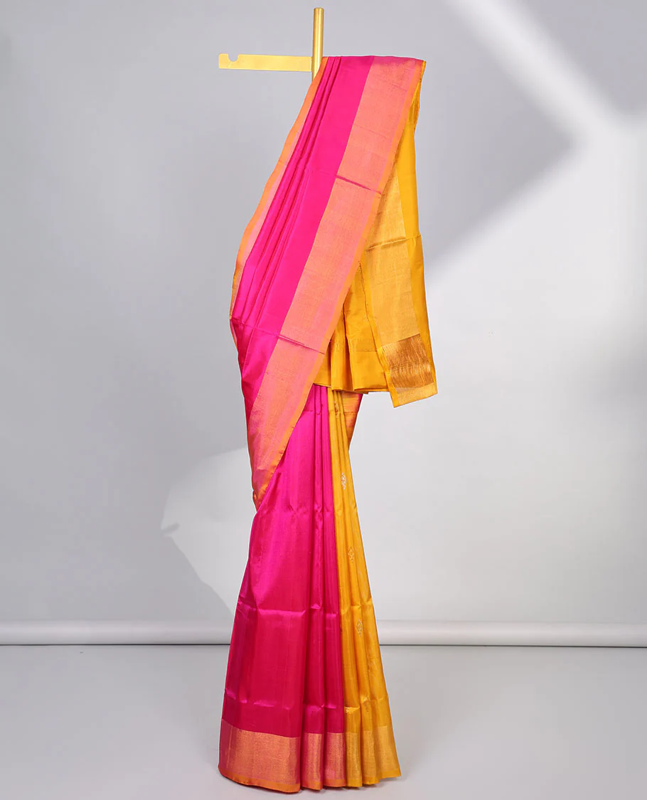 Pink uppada silk saree with contrast plain border & floral buttas pallu - Image 2