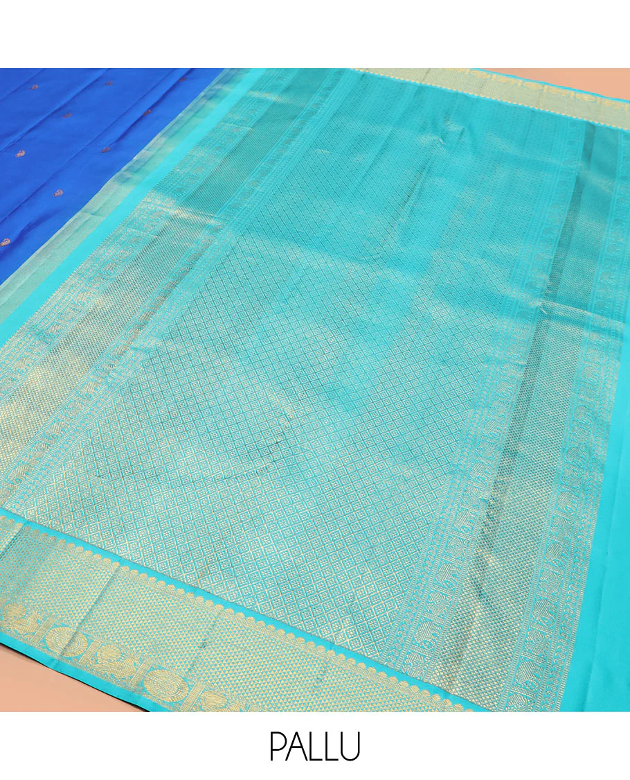 Blue vanki manga buttas Kanchipuram silk saree, contrast korvai border of salngai, banaras, ara maadam, and anna chakram designs, and jaal pallu - Image 5