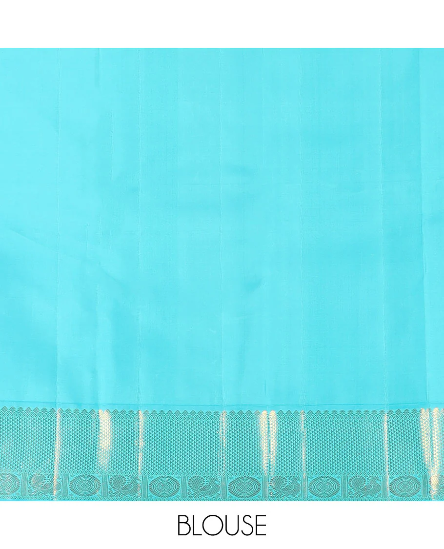 Blue vanki manga buttas Kanchipuram silk saree, contrast korvai border of salngai, banaras, ara maadam, and anna chakram designs, and jaal pallu - Image 6