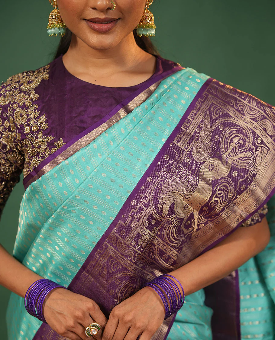 Blue varai oosai and rudraksham buttas Vasundhara silk saree, contrast kuthirai motifs zari woven border, and intricate pallu - Image 3