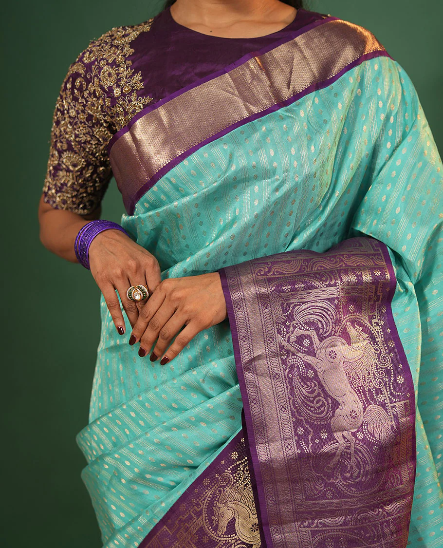 Blue varai oosai and rudraksham buttas Vasundhara silk saree, contrast kuthirai motifs zari woven border, and intricate pallu - Image 4