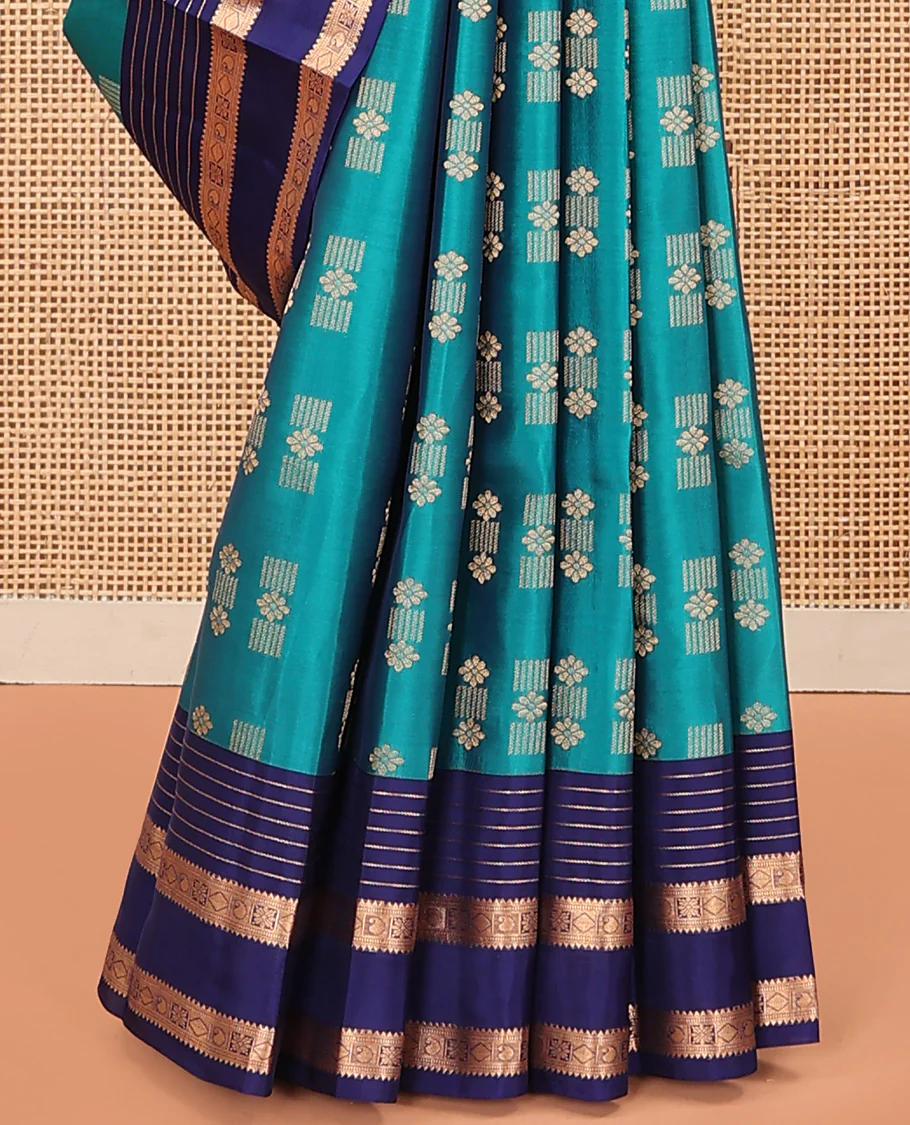 Blue Vasundhara Lite Silk Mix Saree Embellished with Zari Buttas, Complemented with a Contrast Border Depicting Rekku, Muthu, Diamond, and Manga Designs, Adorned with a Manga Design Pallu, and a Contrast Blouse - Image 4
