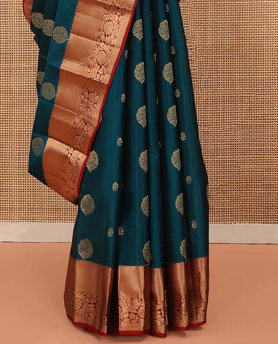 Blue Vasundhara Lite Silk Mix Saree Richly Detailed with Floral Zari Buttas, Complemented with a Contrast Border Featuring Salngai, Mayil Kann, Kathir, and Kodi Visiry Designs, Pallu Decked Up with Floral Designs, and Paired with a Contrast Blouse - Image 4