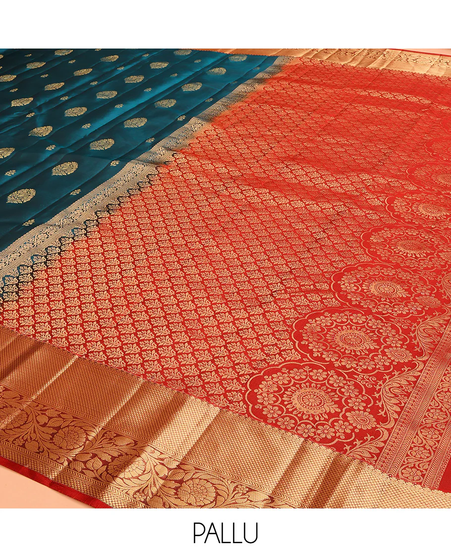 Blue Vasundhara Lite Silk Mix Saree Richly Detailed with Floral Zari Buttas, Complemented with a Contrast Border Featuring Salngai, Mayil Kann, Kathir, and Kodi Visiry Designs, Pallu Decked Up with Floral Designs, and Paired with a Contrast Blouse - Image 5