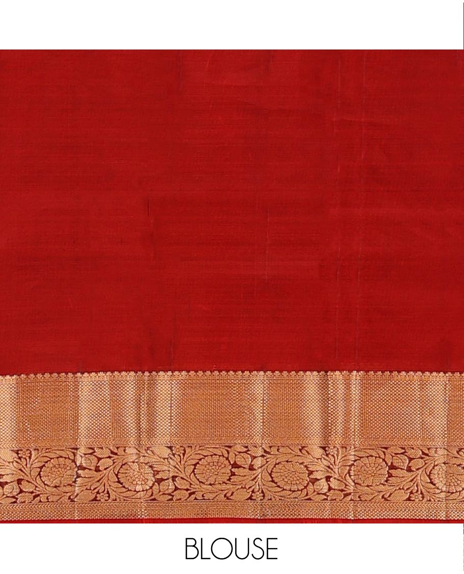 Blue Vasundhara Lite Silk Mix Saree Richly Detailed with Floral Zari Buttas, Complemented with a Contrast Border Featuring Salngai, Mayil Kann, Kathir, and Kodi Visiry Designs, Pallu Decked Up with Floral Designs, and Paired with a Contrast Blouse - Image 6