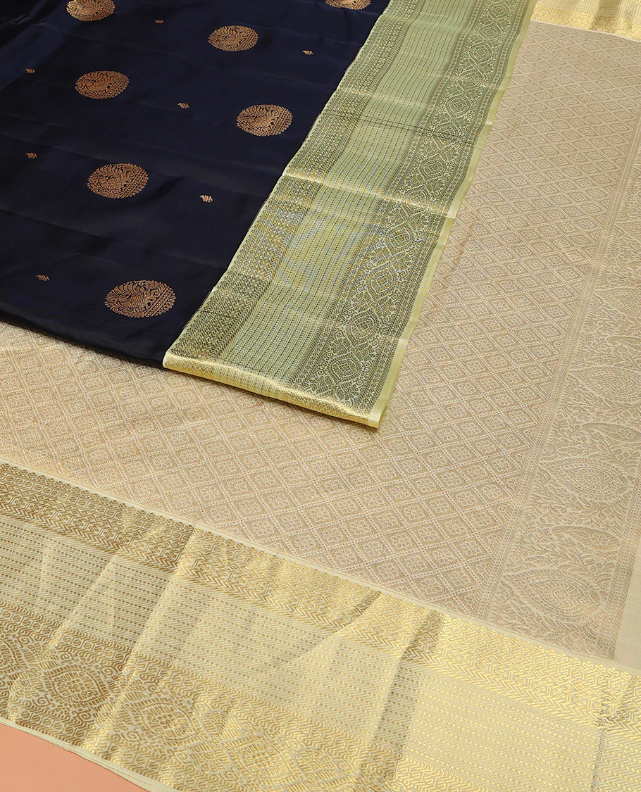Blue Vasundhara Lite Silk Mix Saree Spotlighted with Round Mayil Buttas, Featuring a Contrast Border of Thilakam Mokku, Paisa, Neli, Banaras, Muthu, and Laddu Kamalam Designs, Zari-Rich Jaal Pallu, and a Contrast Blouse - Image 2