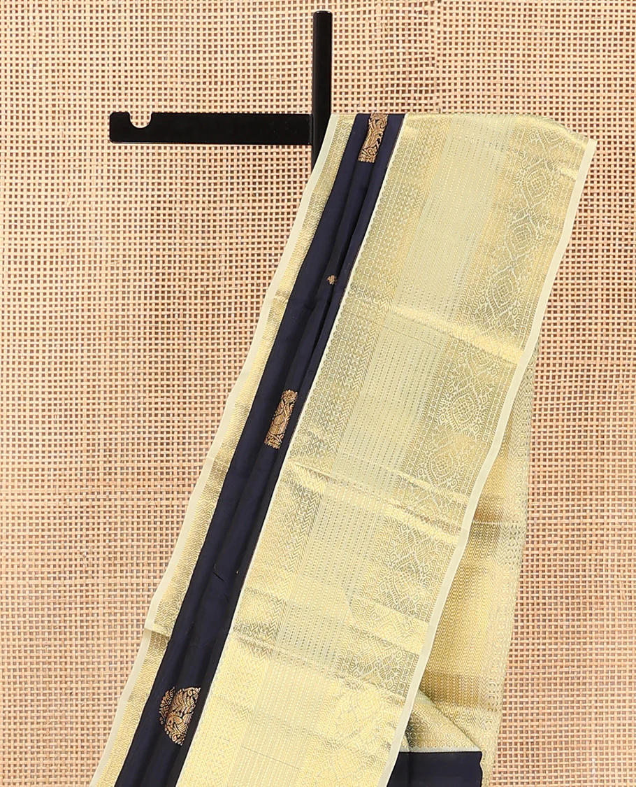 Blue Vasundhara Lite Silk Mix Saree Spotlighted with Round Mayil Buttas, Featuring a Contrast Border of Thilakam Mokku, Paisa, Neli, Banaras, Muthu, and Laddu Kamalam Designs, Zari-Rich Jaal Pallu, and a Contrast Blouse - Image 3