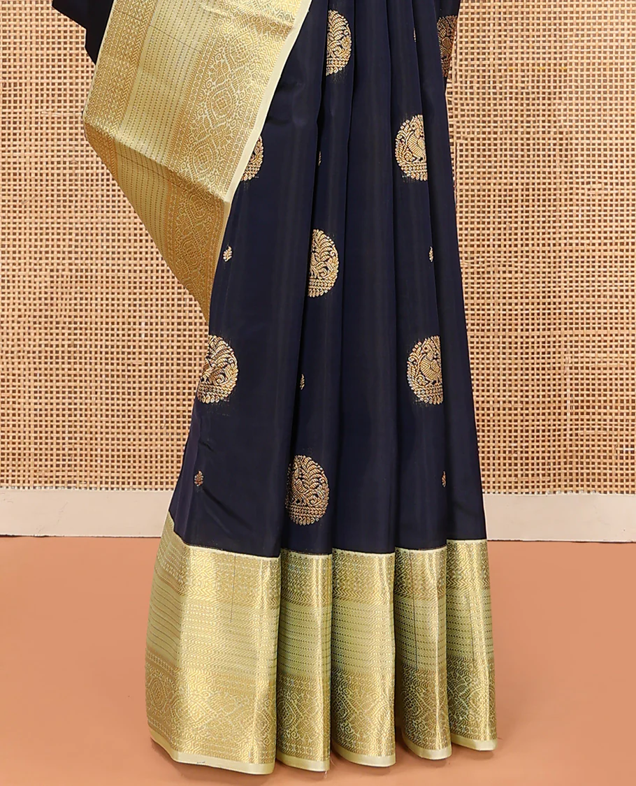 Blue Vasundhara Lite Silk Mix Saree Spotlighted with Round Mayil Buttas, Featuring a Contrast Border of Thilakam Mokku, Paisa, Neli, Banaras, Muthu, and Laddu Kamalam Designs, Zari-Rich Jaal Pallu, and a Contrast Blouse - Image 4